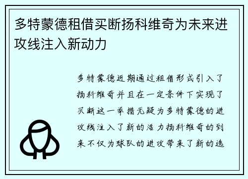 多特蒙德租借买断扬科维奇为未来进攻线注入新动力